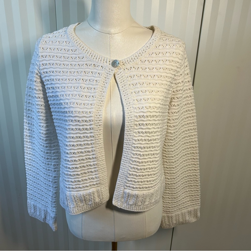 Jessica white crochet knit heavy one top button cardigan style sweater Size L